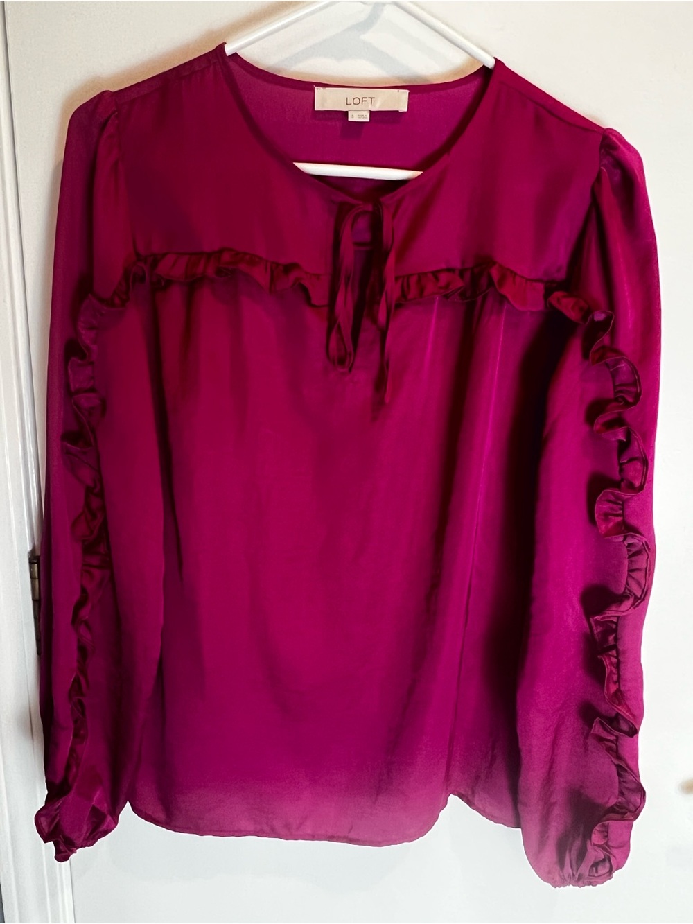 LOFT Womens Magenta Ruffle-Trim Long Sleeve Blouse - Size S